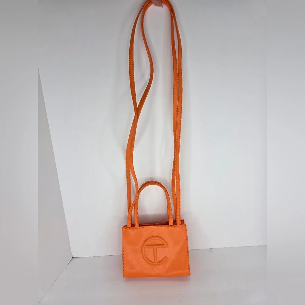Telfar Vegan Leather Shoulder Bag Mini Snap Closure Vibrant Orange Double Strap - Picture 13 of 15